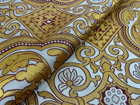 STOCK 4m Clerical brocade Alpha-Omega, Chi-Rho with crosses, metallic brocade jacquard fabric (IERO 109) - white/gold/bordeaux