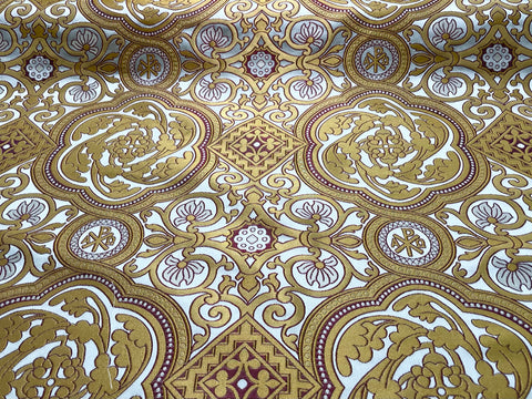 STOCK 4m Clerical brocade Alpha-Omega, Chi-Rho with crosses, metallic brocade jacquard fabric (IERO 109) - white/gold/bordeaux