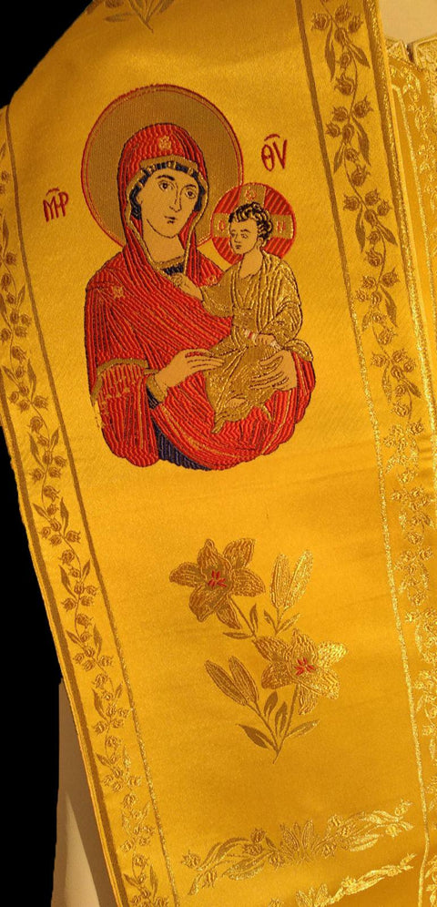 Omophorion ‘Panagia Vrefokratousa’ on a gold background with a blue cloak -  Liturgical Fabrics